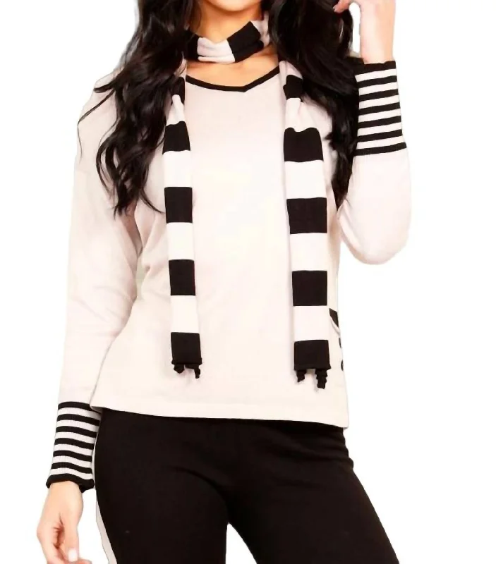 Knowledge And Elegance V-Neck Sweater With Scarf In Stone/black