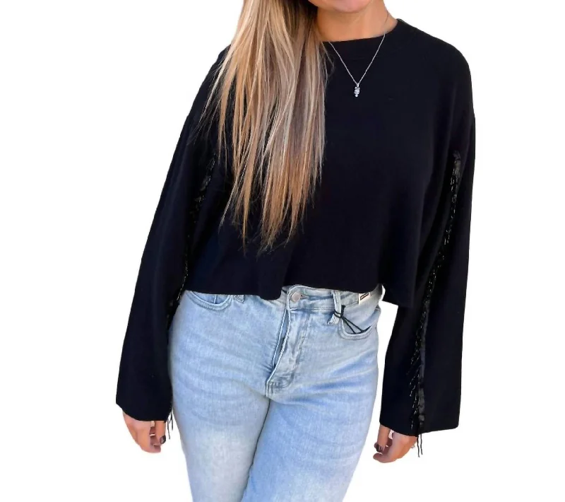 Versatile Items Valentina Sweater Rhinestone Fringed Sleeves In Black