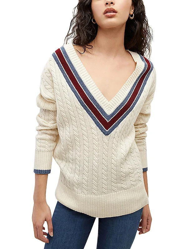 British Fashion Womens Cable-Knit Ribbed Trim V-Neck Sweater