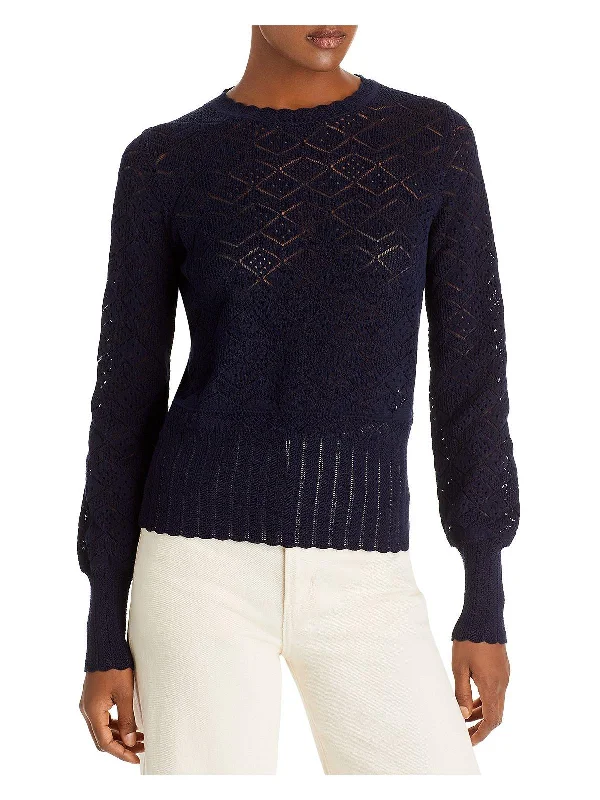Minimal Style Womens Pointelle Crew Neck Pullover Sweater