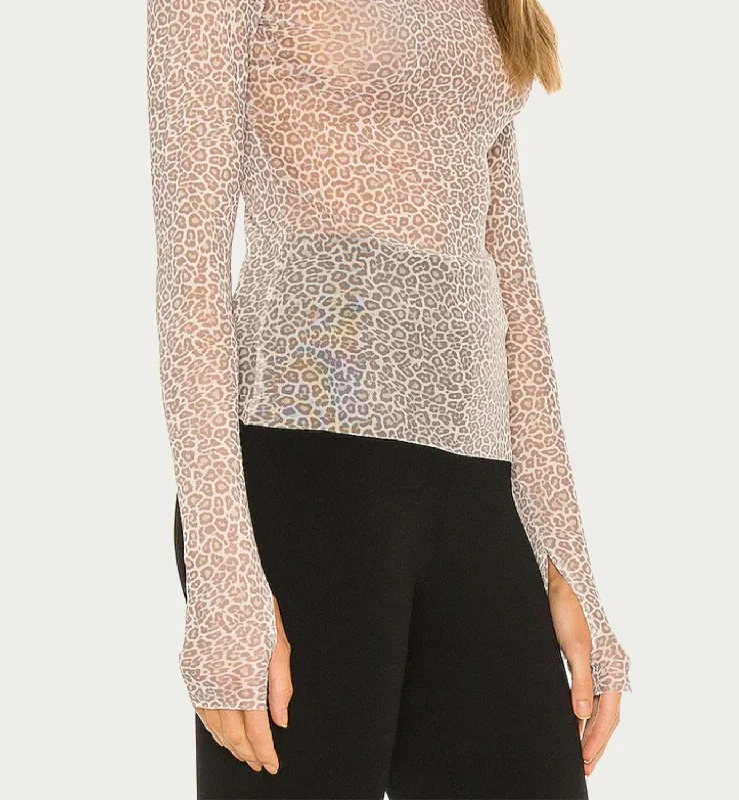 Knowledge And Elegance Zadie Power Mesh Turtleneck Top In Femme Leopard