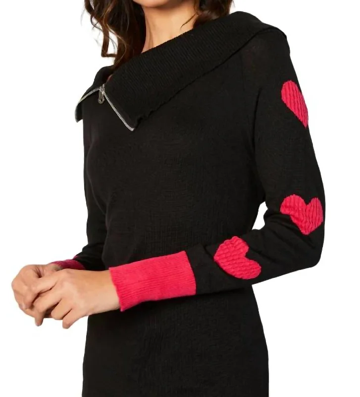 Bottom And Versatile Zip Ribbed Cowl Neck With Heart Detail In Black/rose