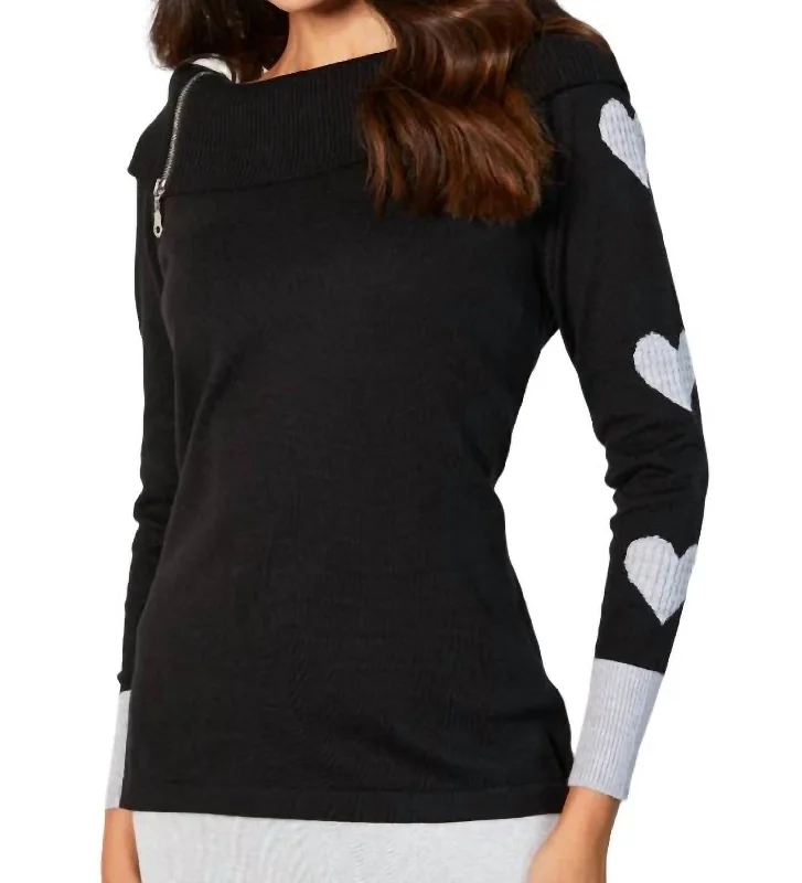 Lazy Style Zip Ribbed Cowl Neck With Heart Detail In Black/slate