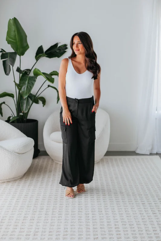 Elegant Style Adara Satin Cargo Pants - Black