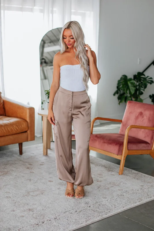 Warm And Comfortable Adara Satin Cargo Pants - Taupe