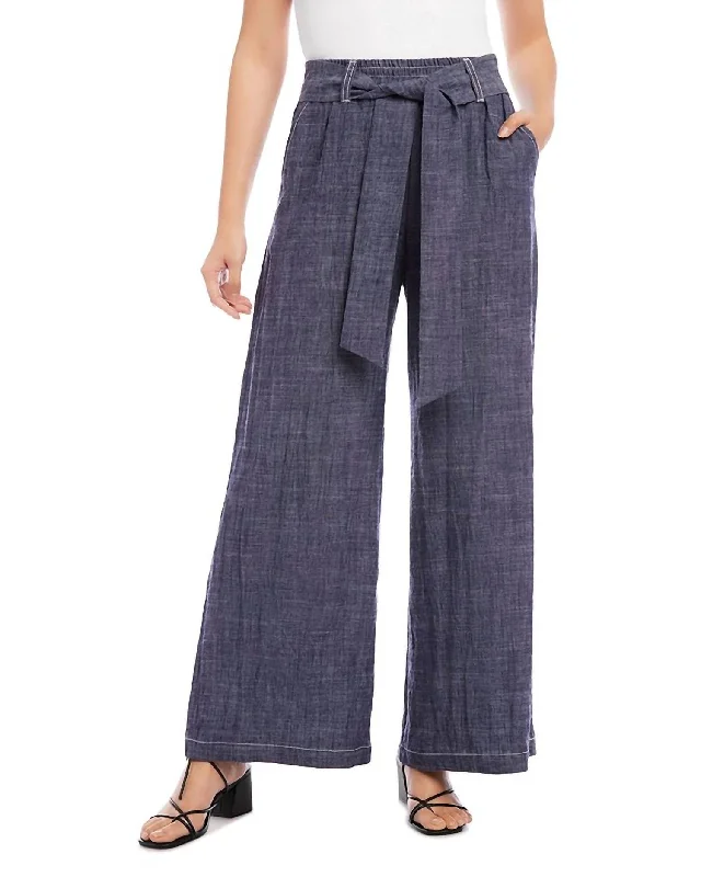 Thin Design Belted Wide Leg Pant In Indigo