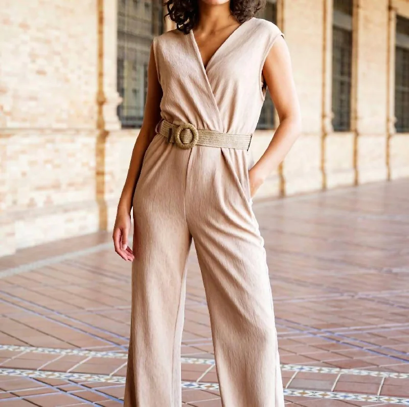 Comfortable And Simple Crinkle Jumpsuit In Light Sane