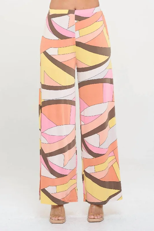 Sports Cool Flowy Palazzo Pant With Side Slits In Pink/yellow