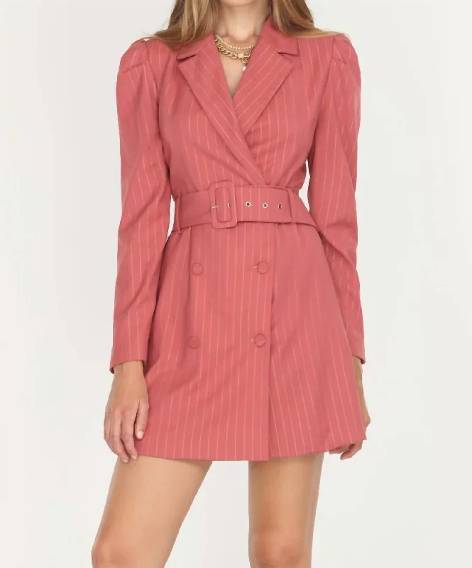Elegant And Elegant Kayla Pinstripe Belted Blazer Dress In Desert Rose