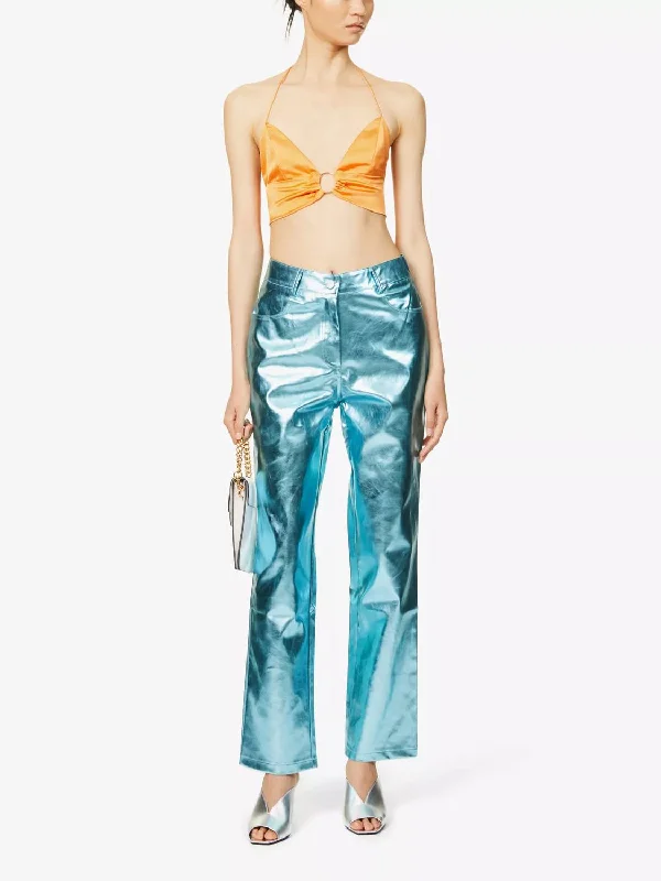 Simple Style Lupe Straight-Leg High-Rise Trousers Pants In Metallic Blue