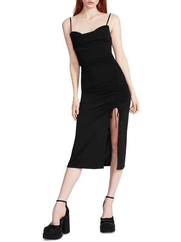 French Retro Mica Womens Ruched Midi Slip Dress