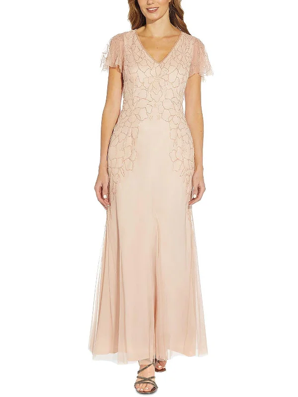 Classic Series Petites Womens Beaded V-Neck Evening Dress