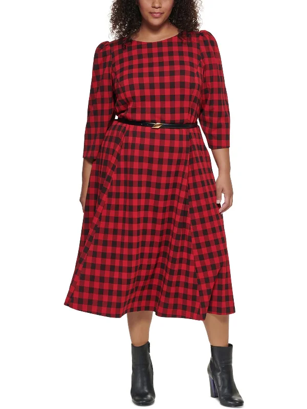 French Retro Plus Womens Checkered Calf Midi Dress