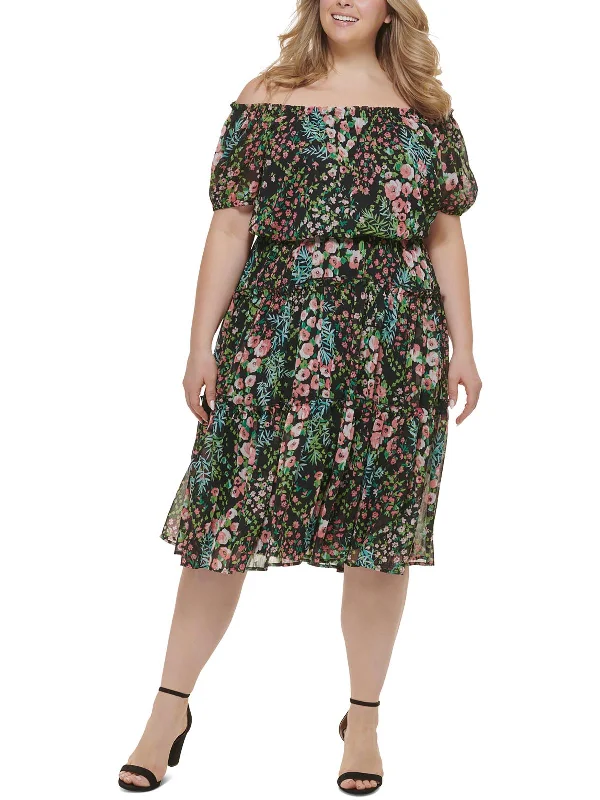 High-quality fabrics Plus Womens Floral Off The Shoulder Fit & Flare Dress