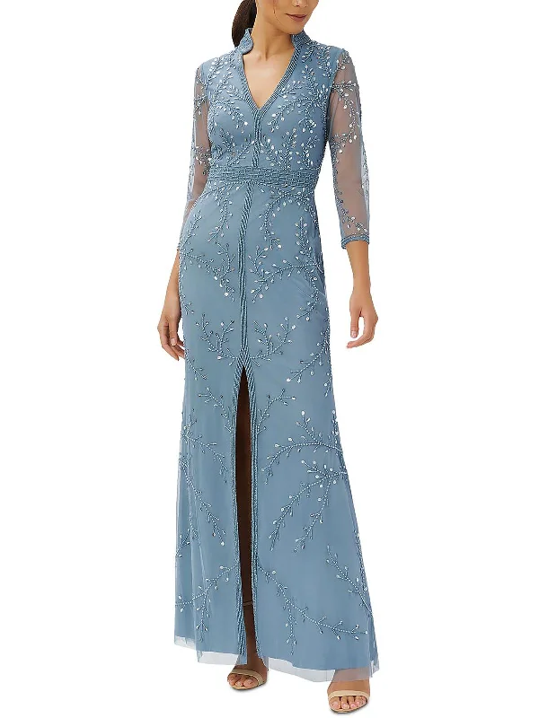 Leisure Travel Womens Embellished Sheer Sleeve Evening Dress