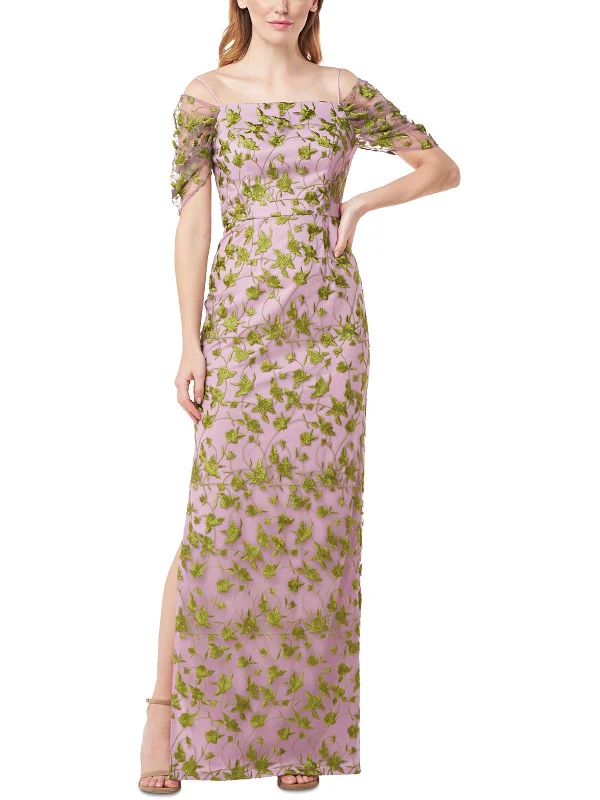 French Style Womens Embroidered Off The Shoulder Evening Dress