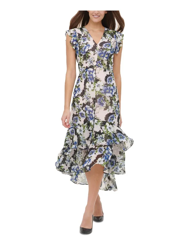 Simple Style Womens Floral Ruffled Midi Dress