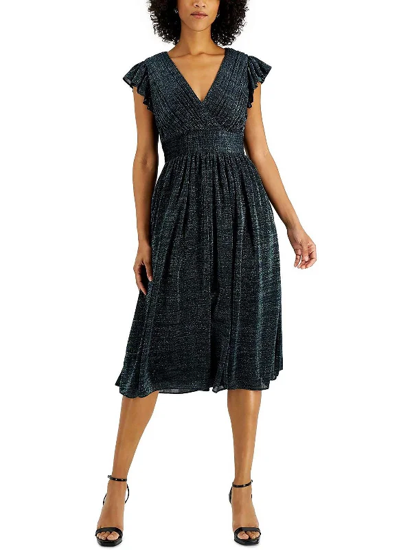 Simple Solid Color Womens Metallic Surplice Midi Dress