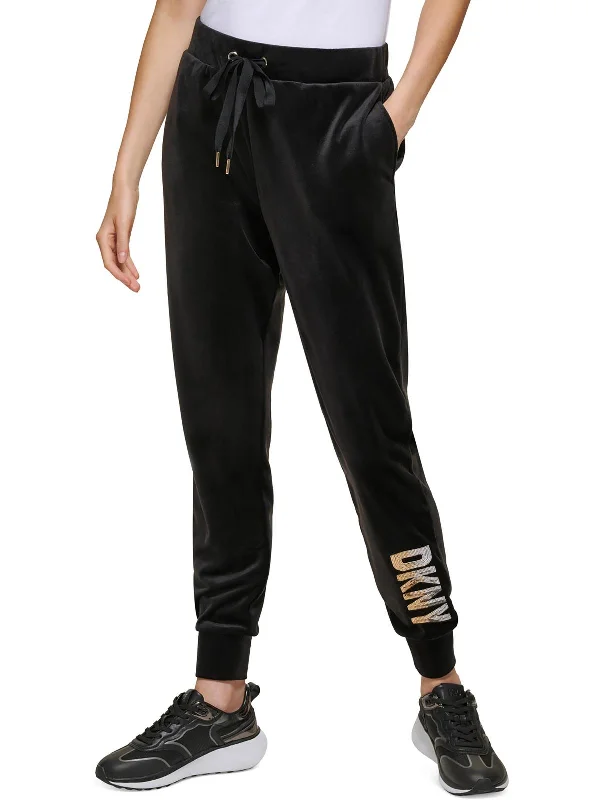 High-end Fabrics Womens Velour Sequined Logo Jogger Pants