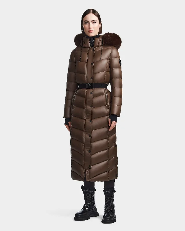 High-end Design ELSIE S WOMEN'S GLOSSY BELTED MAXI DOWN PUFFER WITH REMOVABLE FAUX FUR