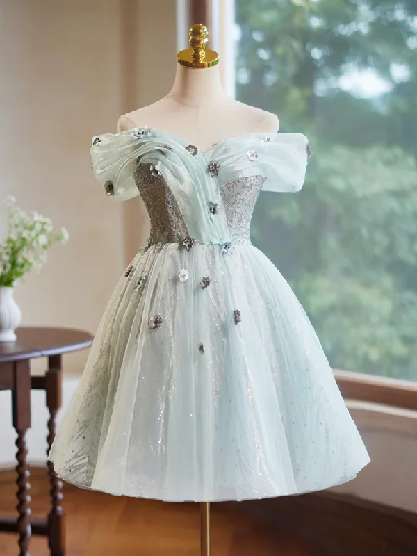 Stunning Fashion A-Line Off Shoulder Tulle Short Prom Dress, Green Homecoming Dress MD7232 Stunning Fashion A-Line Off Shoulder Tulle Short Prom Dress, Green Homecoming Dress MD7232