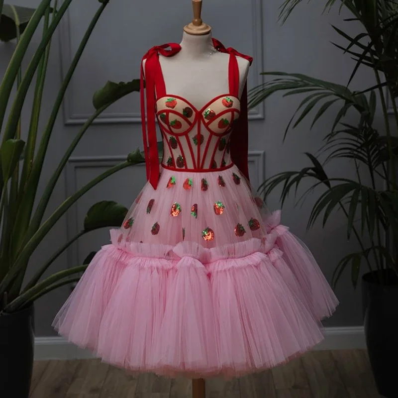 Wearable At Home Or Out Adjustable Tie -bow Straps Short Dress A-line Baby Pink Tulle Ball Gown Red Strawberry Brithdays Dresses Ever Pretty Gowns,MD7085 Wearable At Home Or Out Adjustable Tie -bow Straps Short Dress A-line Baby Pink Tulle Ball Gown Red Strawberry Brithdays Dresses Ever Pretty Gowns,MD7085