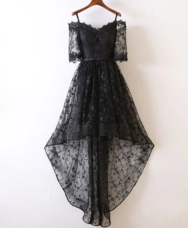 Casual And Versatile Black High Low Lace Prom Dress, Black Homecoming Dress