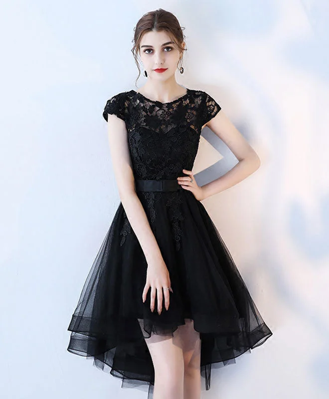 Design And Tailoring Black Lace Short Prom Dress, Hight Low Evening Dress