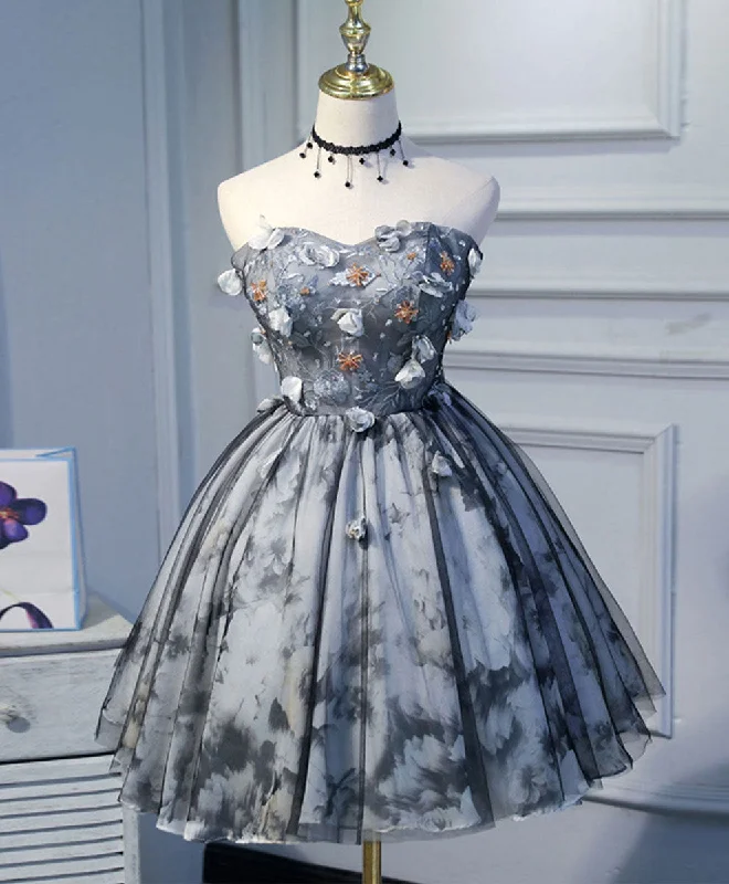 Noble And Elegant Black Lace Tulle Short Prom Dress, Black Cute Homecoming Dress