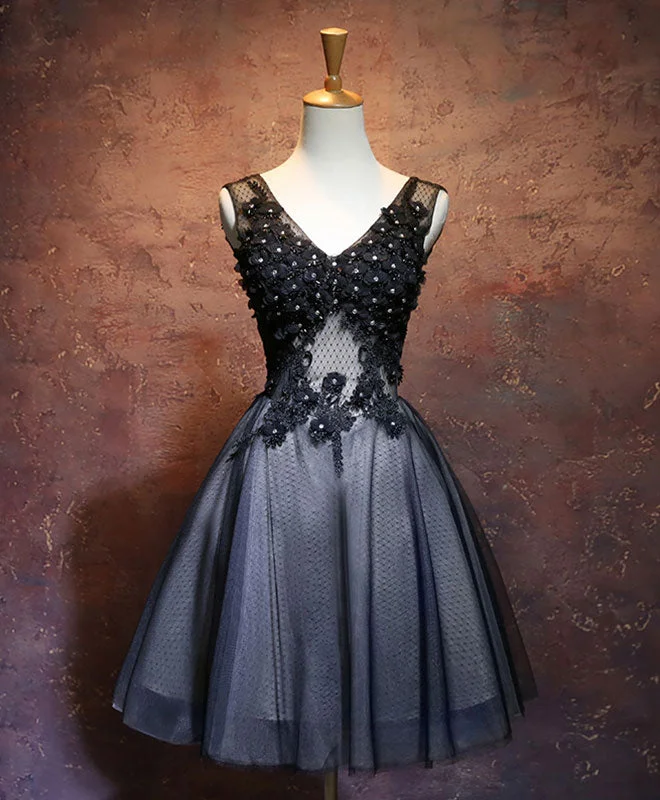 Elegant Style Black V Neck Lace Short Prom Dress, Black Evening Dress