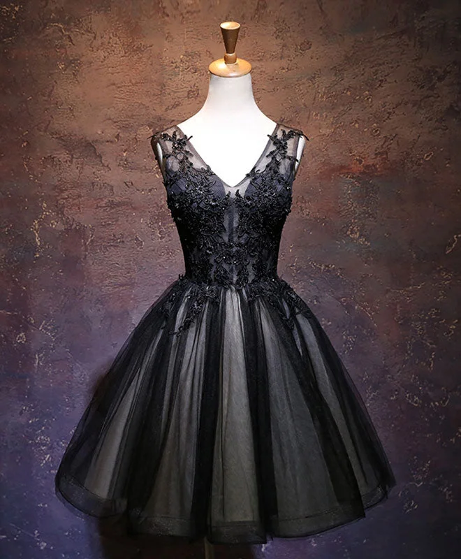Advanced Customization Black V Neck Lace Short Prom Dress, Black Party Dress