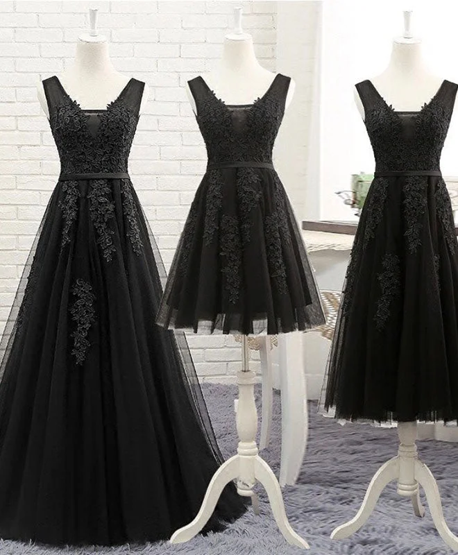 Comfortable down Black V Neck Tulle Lace Prom Dress, Lace Evening Dress