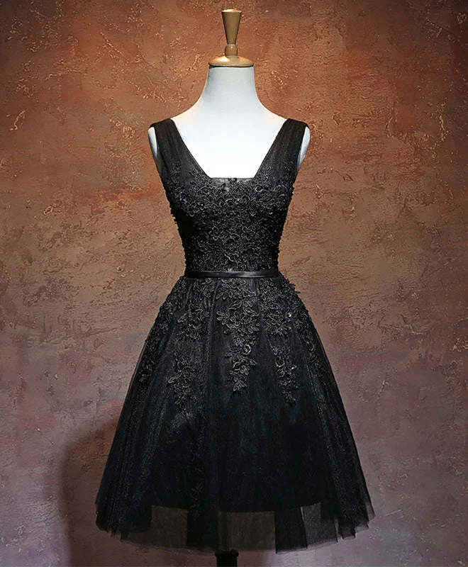 Noble And Elegant Black V Neck Tulle Lace Short Prom Dress, Black Homecoming Dresses Noble And Elegant Black V Neck Tulle Lace Short Prom Dress, Black Homecoming Dresses