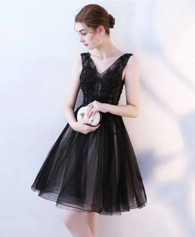 Classic Style Black V Neck Tulle Lace Short Prom Dress, Homecoming Dress