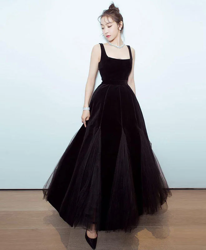 Body Design Black Velvet Tulle Tea Length Prom Dress, Black Evening Dress