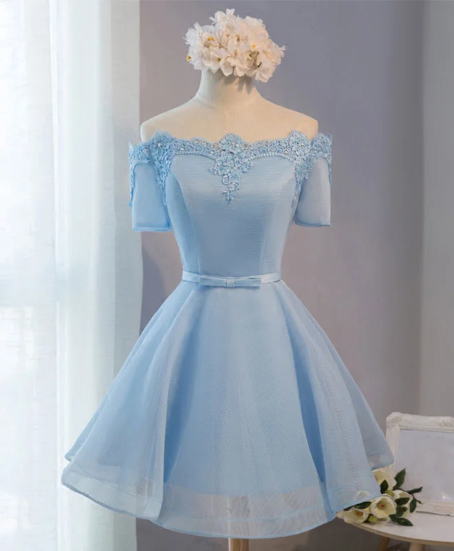 Bottom And Versatile Blue A-Line Tulle Short Sleeve Lace Short Prom Dress, Blue Cute Homecoming Dress Bottom And Versatile Blue A-Line Tulle Short Sleeve Lace Short Prom Dress, Blue Cute Homecoming Dress
