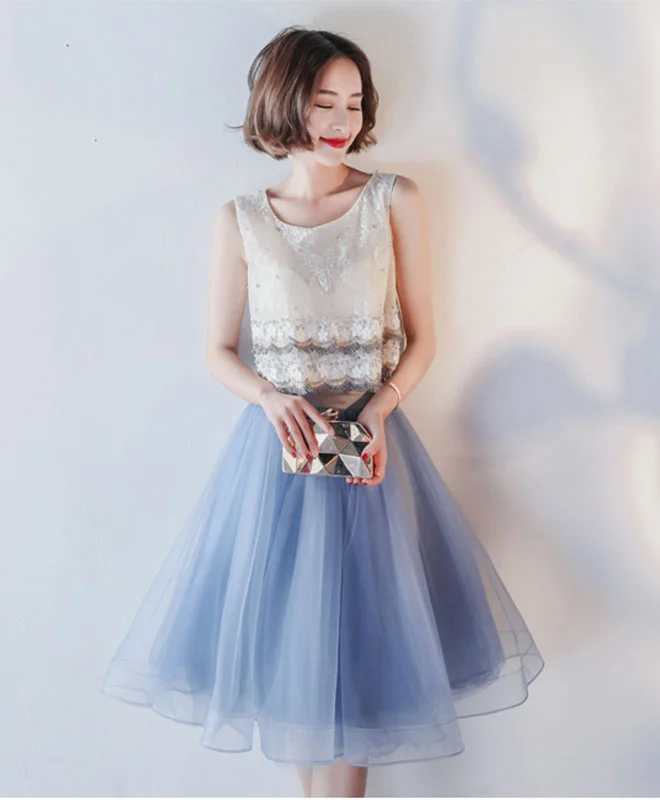 Elegant Tailoring Blue Lace Tulle Knee Length Prom Dress, Blue Lace Homecoming Dress Elegant Tailoring Blue Lace Tulle Knee Length Prom Dress, Blue Lace Homecoming Dress