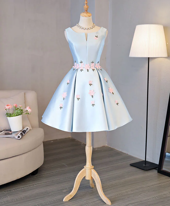 Design Perception Blue Satin Applique Short Prom Dress, Blue Homecoming Dress