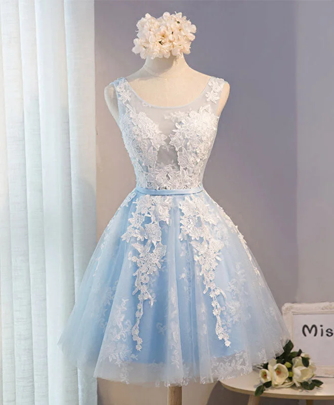 Thin Design Blue V Neck Tulle Short Prom Dress, Blue Homecoming Dresses