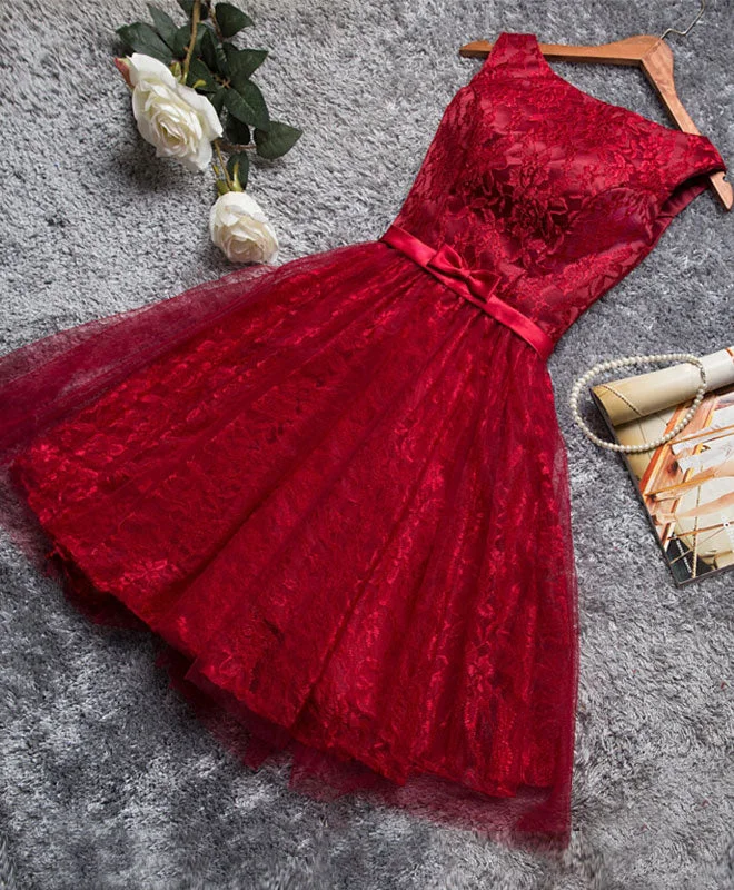 Fresh And Natural Burgundy A Line Lace Short Prom Dress, Burgundy Evening Dress