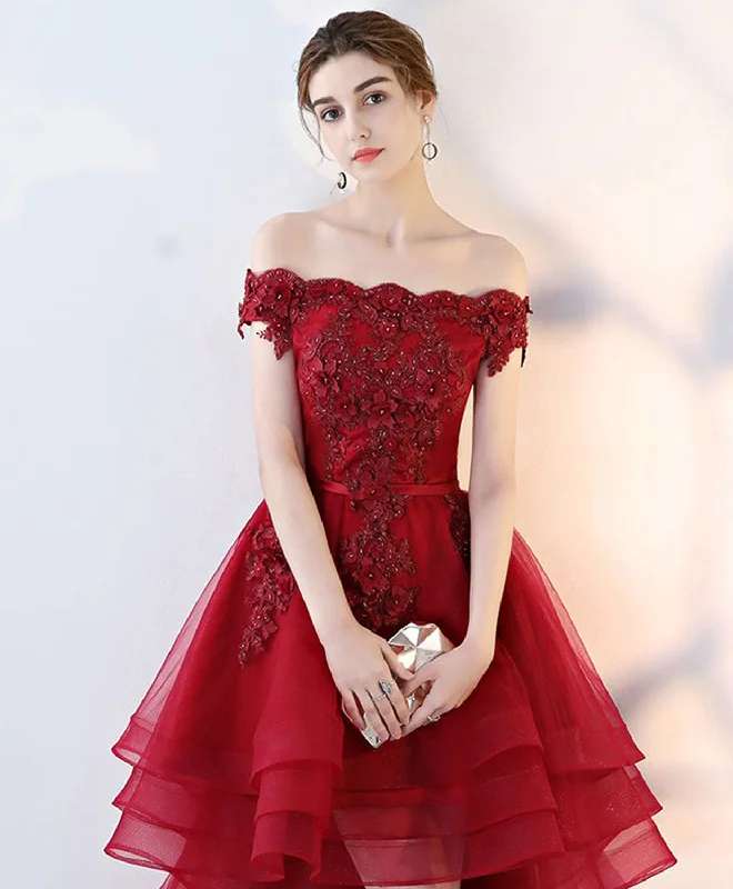 Playful Style Burgundy High Low Tulle Lace Long Prom Dress, Lace Evening Dress