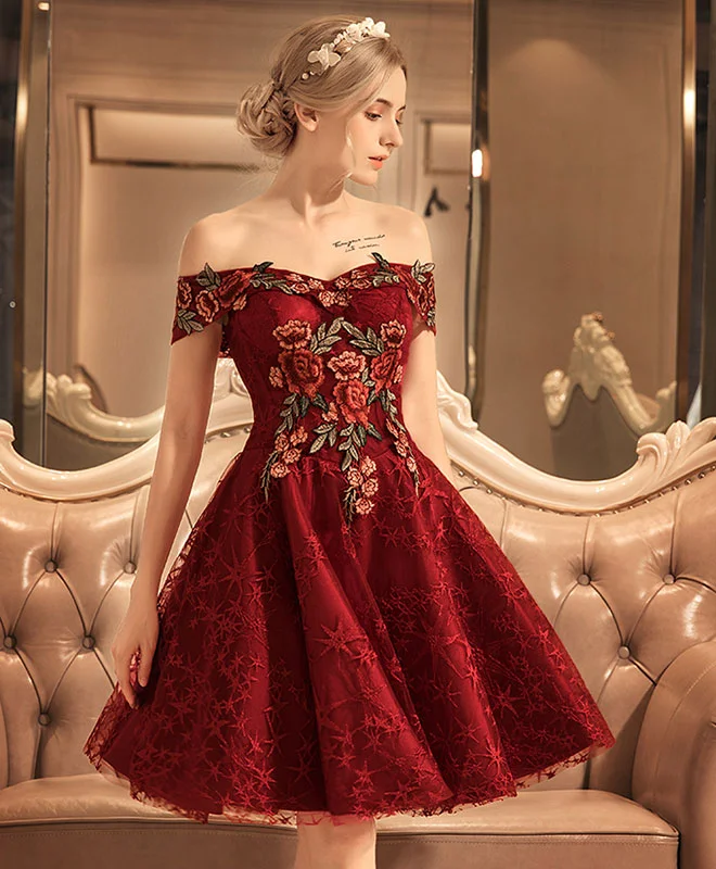 Bright Colors Burgundy Lace Off Shoulder Short Prom Dress, Lace Burgundy Homecoming Dresses
