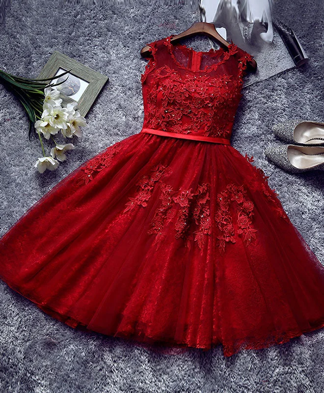 Relaxed And Casual Burgundy Lace Tulle Short Prom Dress, Lace Homecoming Dresses