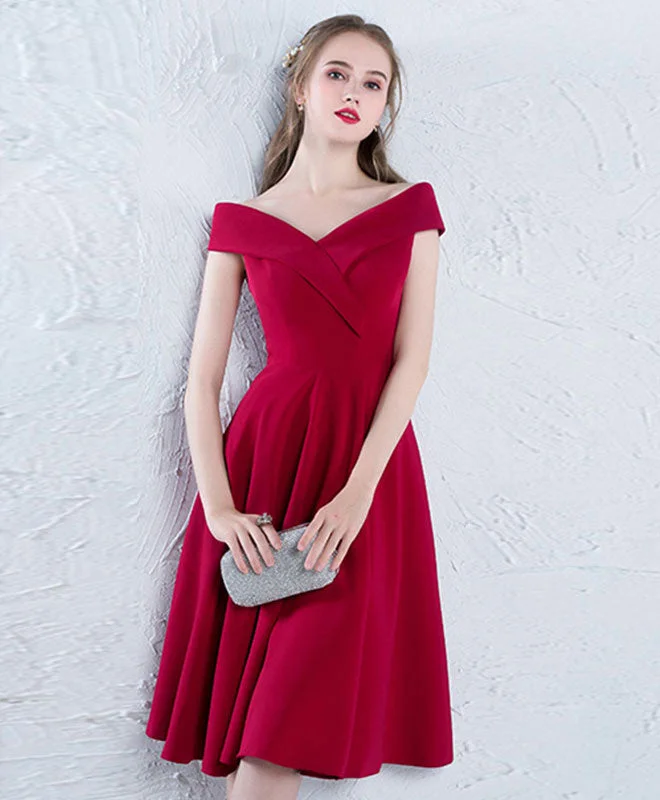 Noble Temperament Burgundy Off Shoulder Satin Prom Dress, Burgundy Homecoming Dress Noble Temperament Burgundy Off Shoulder Satin Prom Dress, Burgundy Homecoming Dress