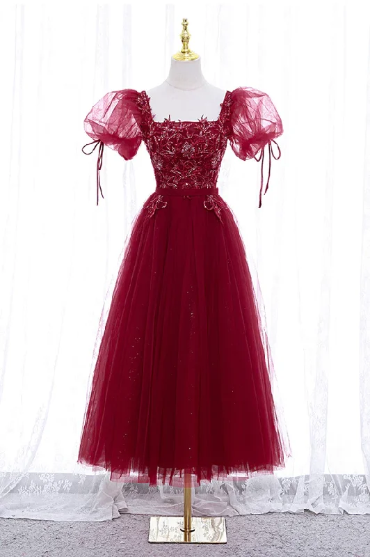 Urban Style Burgundy tulle lace short prom dress homecoming dress M5988