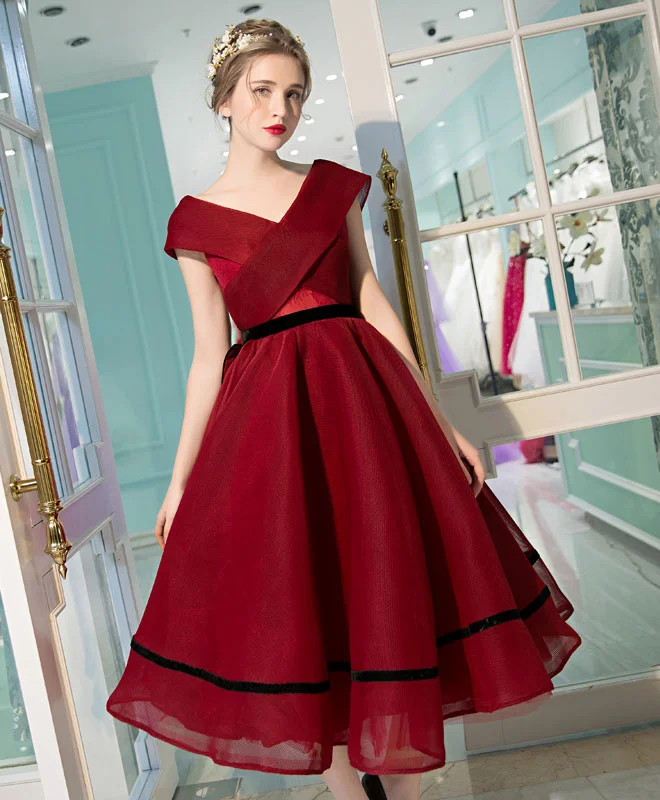 Elegant And Noble Burgundy V Neck Tea Length Prom Dress, Burgundy Evening Dress