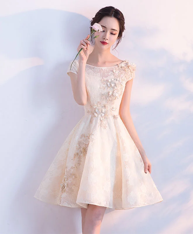 Noble Temperament Champagne A-Line Tulle Lace Short Prom Dresses, Champagne Homecoming Dresses Noble Temperament Champagne A-Line Tulle Lace Short Prom Dresses, Champagne Homecoming Dresses