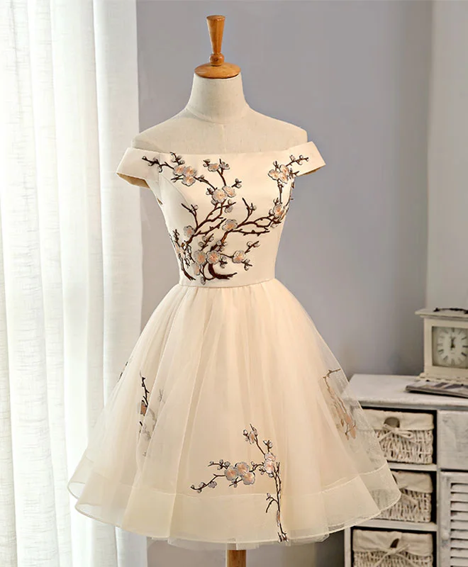 Trendy Traveler Champagne A-Line Tulle Short Prom Dress, Homecoming Dress