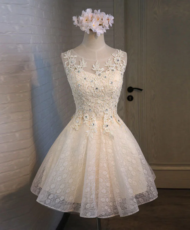 Designer Style Champagne Lace Round Neck Short Prom Dress, Bridesmaid Dress