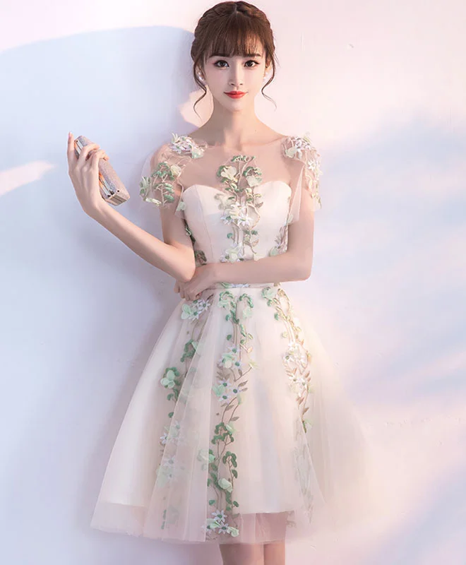 Dynamic Fashion Champagne Tulle Lace Applique Short Prom Dress, Homecoming Dress